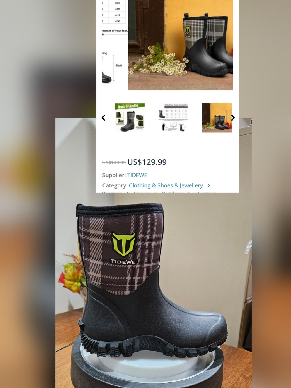Tidewe Black & Brown Plaid Insulated Winter Rain Boots